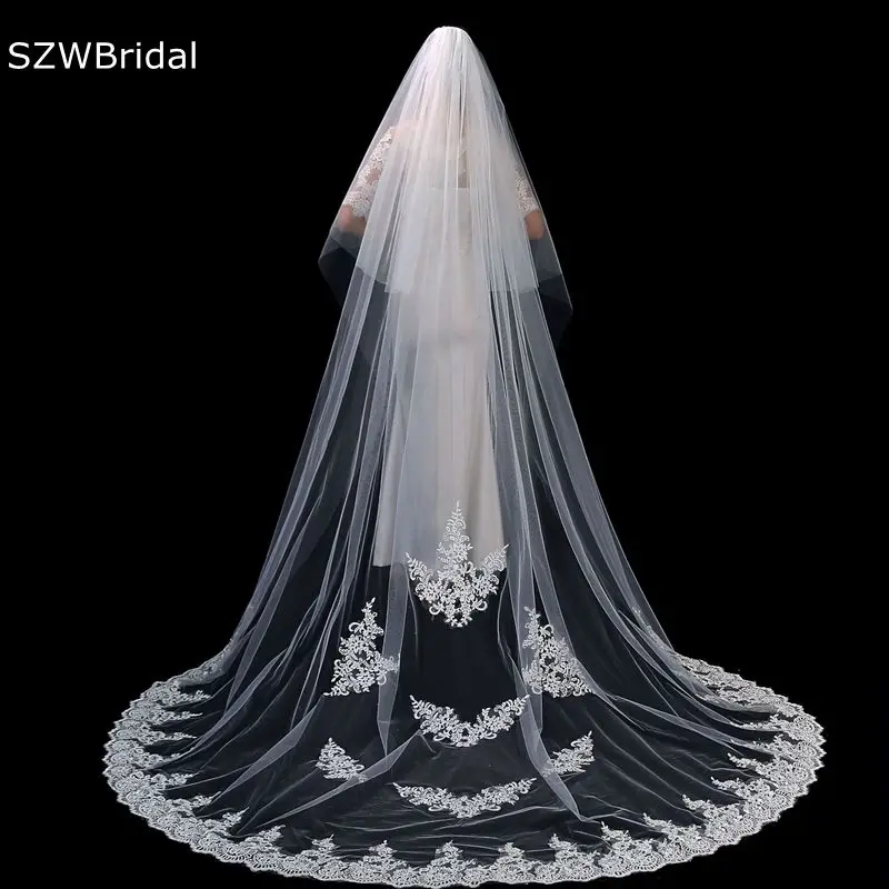 New Arrival Ivory Cathedral Wedding Veils Two Layers with Comb Lace Applique Matrimonio boda Wedding accessories Wedding Veil