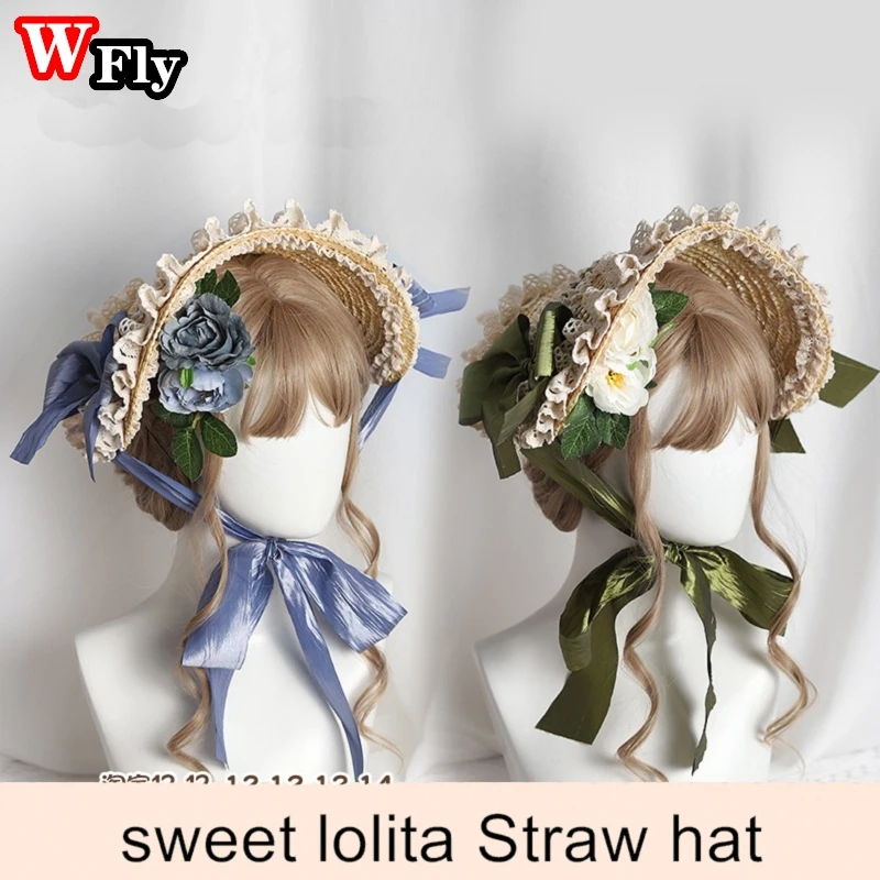 Harajuku Sweet Women Girls Straw Sun Hat Kawaii Lolita Cosplay Lace Flower Bandage Handmade Bowknot Elegant Straw hats female