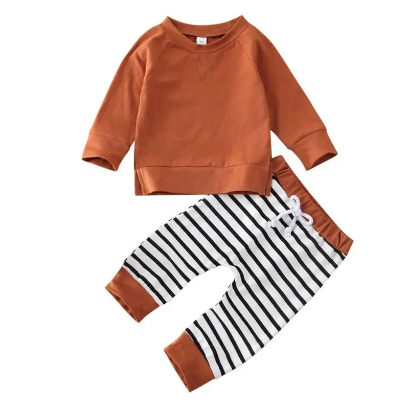 Baby Spring Autumn Clothing Toddler Kid Baby Boy Solid Long Sleeve T-shirt Striped Long Pants 2Pcs Outfit Set Clothes 0-24M