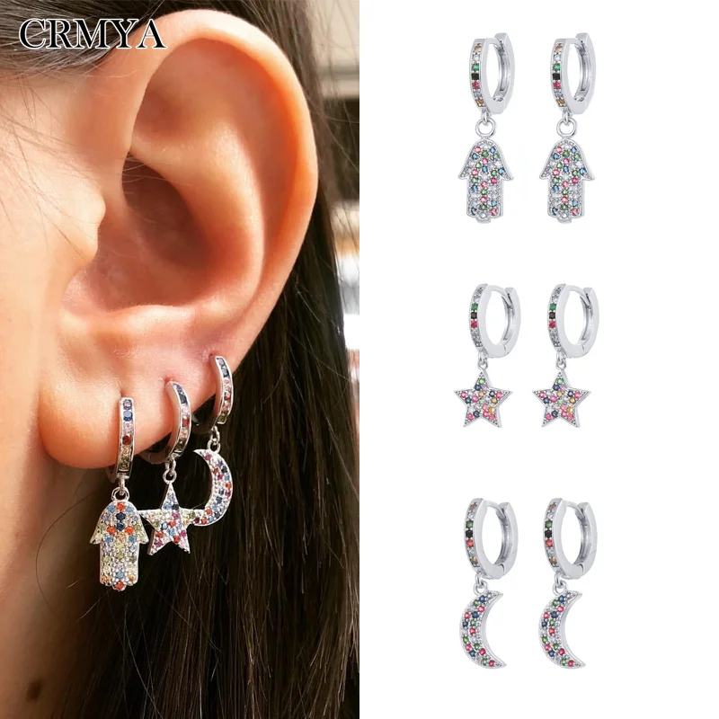 

CRMYA Luxury Gold Silver Filled Drop Earring Color CZ Zircon Hamsa Hand Star Moon Hoop Earrings For Women Jewelry Wholesale