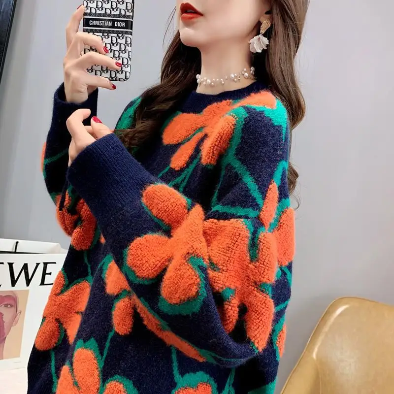 Women Pullover Sweaters 2023 Autumn Winter Tops Korean Slim Flower Women Pullover Knitted Sweater Jumper Soft Warm Pull Femme