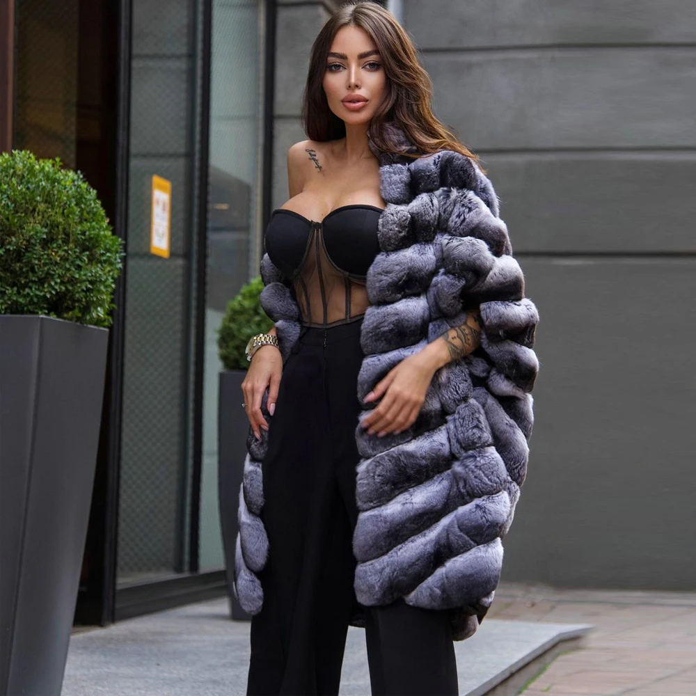 Winter Fashion Real Rex Rabbit Fur Coat for Women Outwear New Trendy Genuine Rex Rannit Fur Coats Medium Length Overcoats