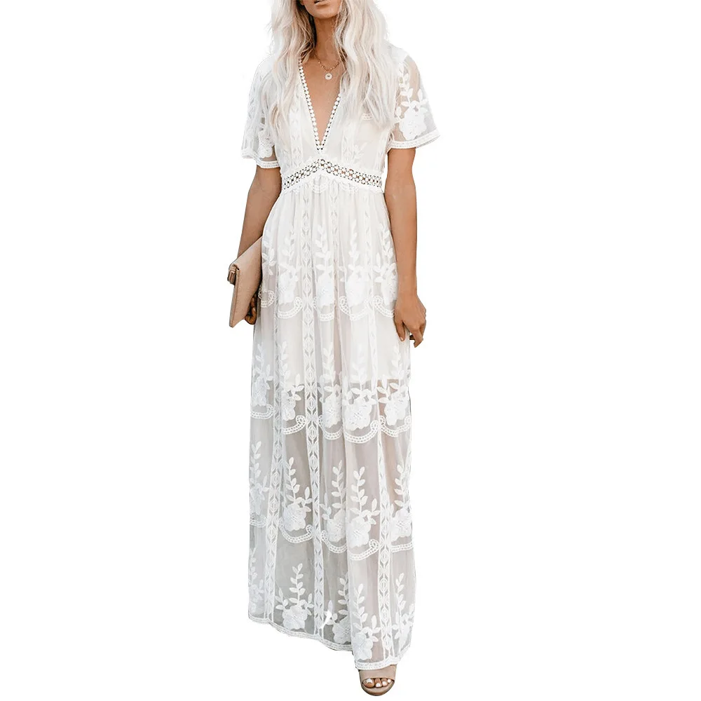 Vtido De Encaje Blanco Bohemio Para Mujer, Manga Corta, Cuello En V, Largo, Elegante, Informal, Holgado, Ahuecado, Plisado, Playa, Verano - AliExprs 200000345