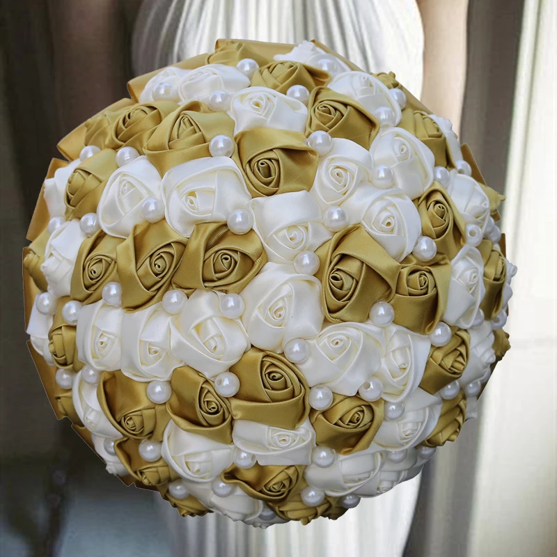 

1Pcs/lot Gold Ribbon Wedding Bouquet With Pearl For Wedding Decoration