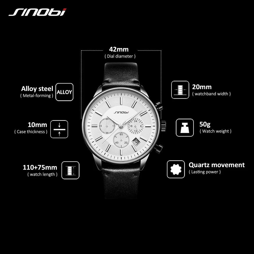 Sinobi Top Brand Luxury Sports Watch Men\'s Fashion Leather Wristwatches with Calendar for Men Black Male Clock	Reloj Hombre