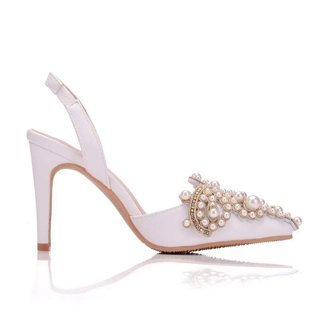 Classic New Ankle Strap White Women's High Heels 10CM Sandals Pointed Toe Female Party Shoes Beaded wedding shoes Large size