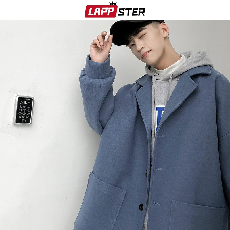 LAPPSTER Oversized Men Korean Solid Winter Coat 2023 Wool Coat Male Black Harajuku Trench Coat Flannel Button Jackets And Coats