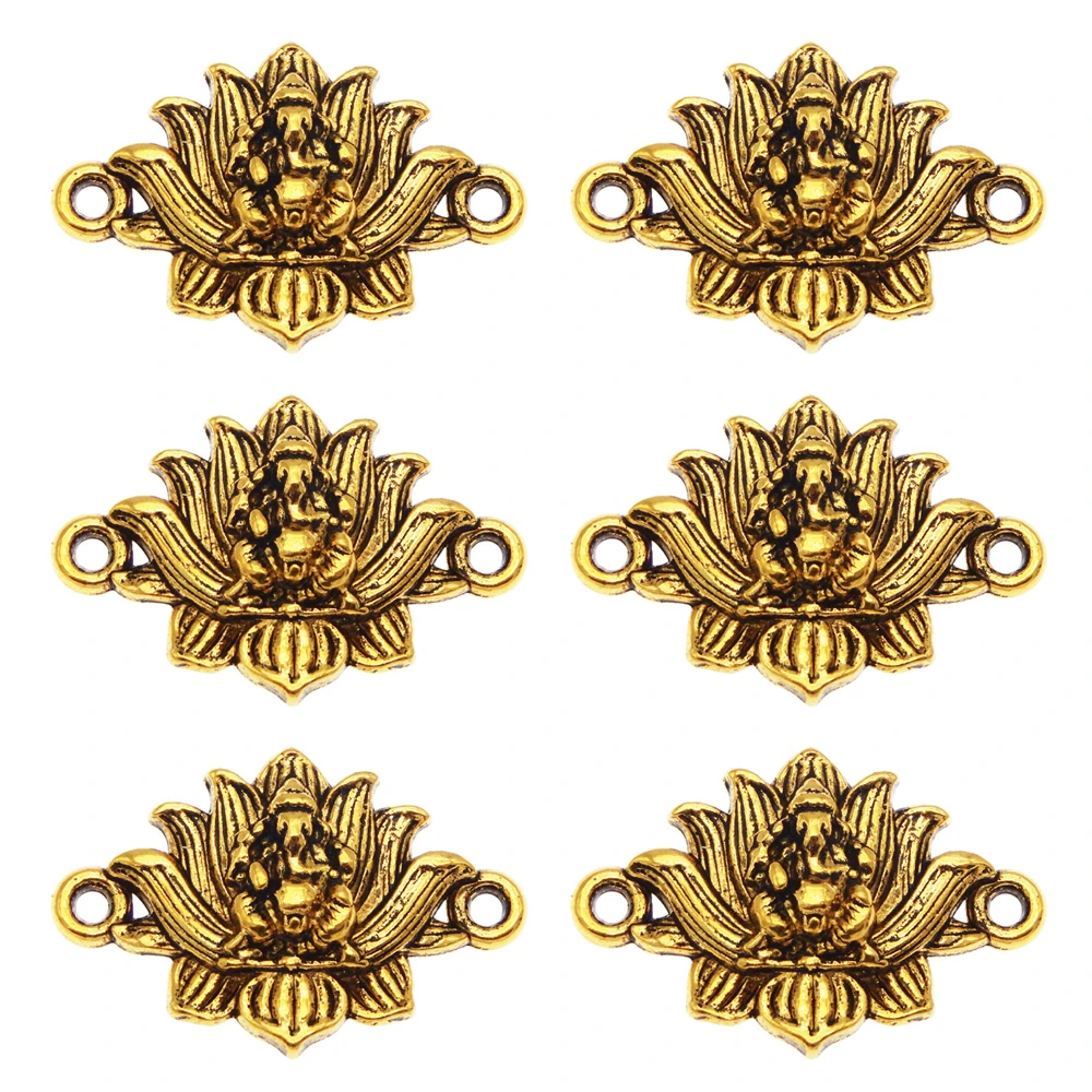 Julie Wang 10 PCS Retro Gold Color Alloy Lotus Charms Ganesh Buddha Pendant Connector For Bracelet Earrings Dangle Jewelry DIY