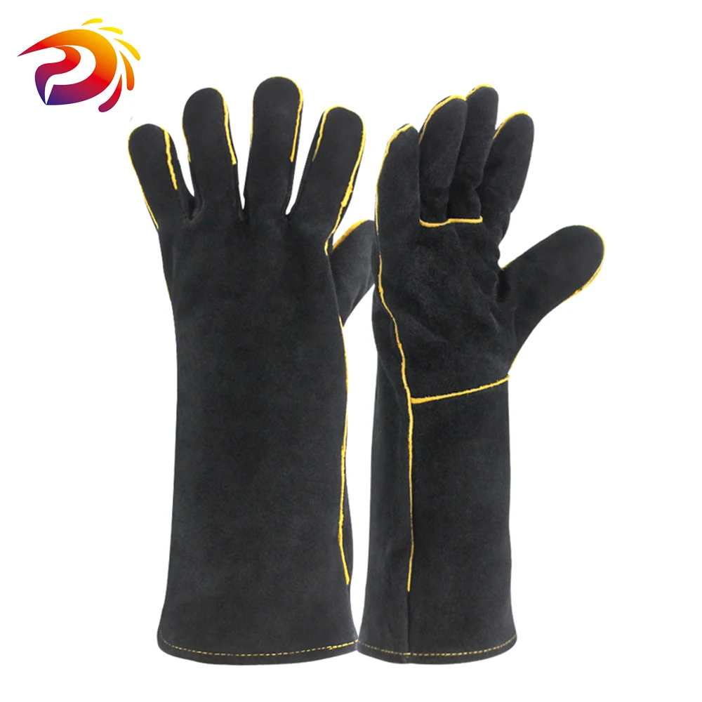 Black Welding Gloves Cow Split Leather Welder Heat Resistant Oven Working Glove For Wood Stove BBQ