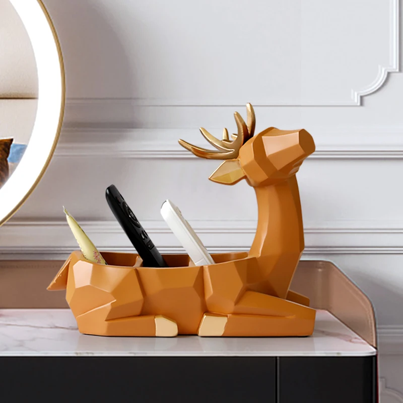 Geometric Deer Storage Organizer Wapiti Deer Figurine statues for home décor Animal Sculpture Storage box for home office