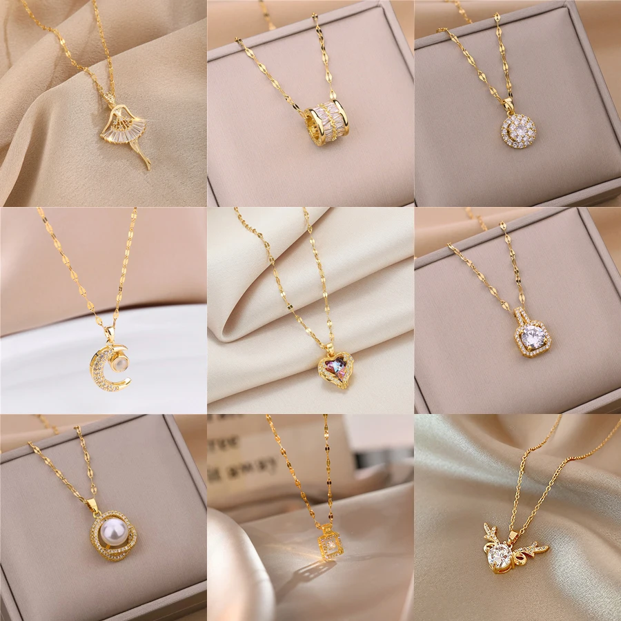 Sweet Zircon Crystal Pendant Necklace For Women Korean Fashion Stainless Steel Clavicle Chain Jewelry Female Wedding Accessories