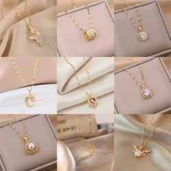 Sweet Zircon Crystal Pendant Necklace For Women Korean Fashion Stainless Steel Clavicle Chain Jewelry Female Wedding Accessories