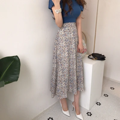 2022 Summer Korean Fashion Two Piece Skirt Sets Women Blue Knitted Tops + Elastic Waist Printed Long Skirt Vintage Elegant Suits