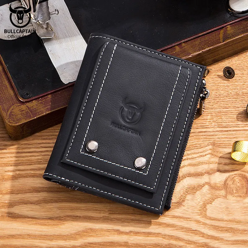 BULLCAPTAIN Genuine Leather Men Wallet Coin Purse Small Mini Rifd Card Holder High Quality Hardware Pull Card Wallet's 07