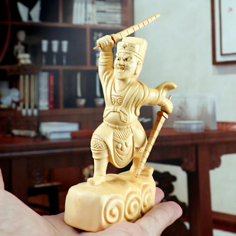 Wooden Zhao Gongming God of Wealth Figurine, Hand-Carved Sculpture for Home Decor, Prosperity, and Protection