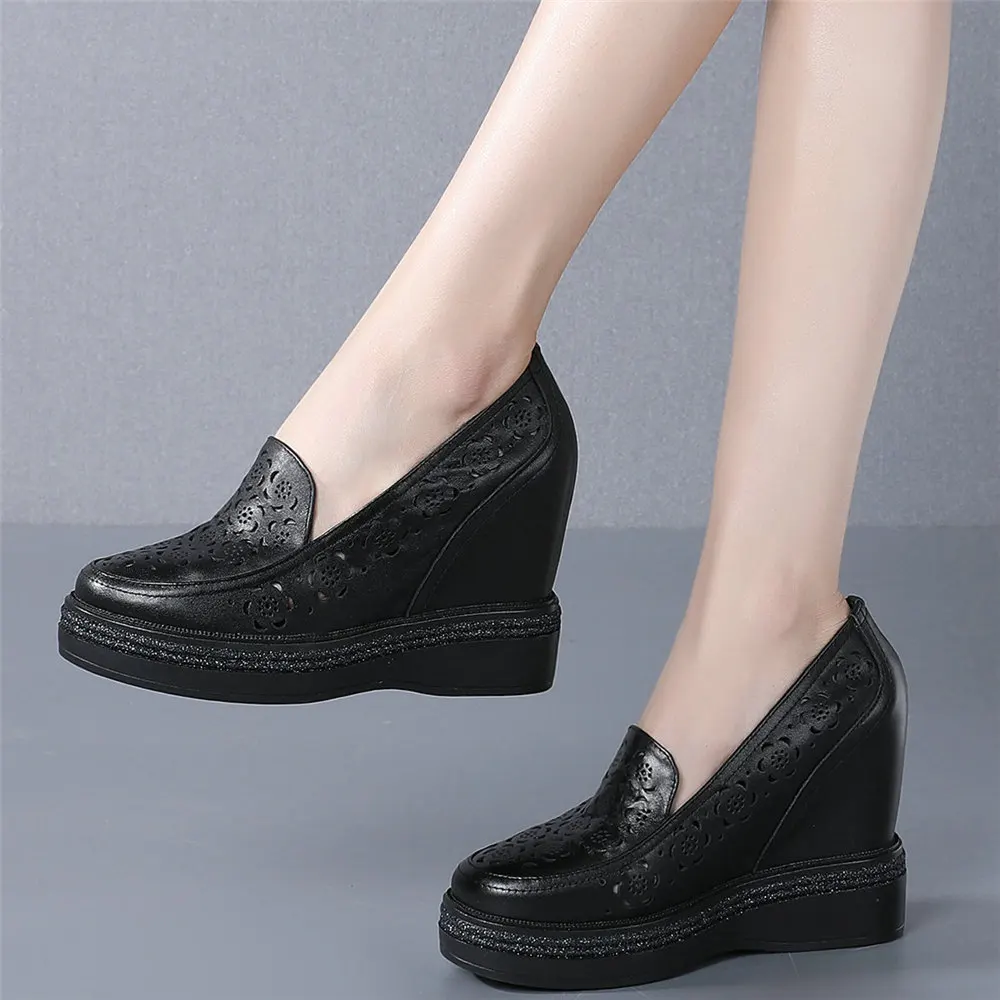 Casual Shoes Women Hollow Genuine Leather Wedges High Heel Ankle Boots Female Round Toe Fashion Sneakers Summer Platform Oxfords