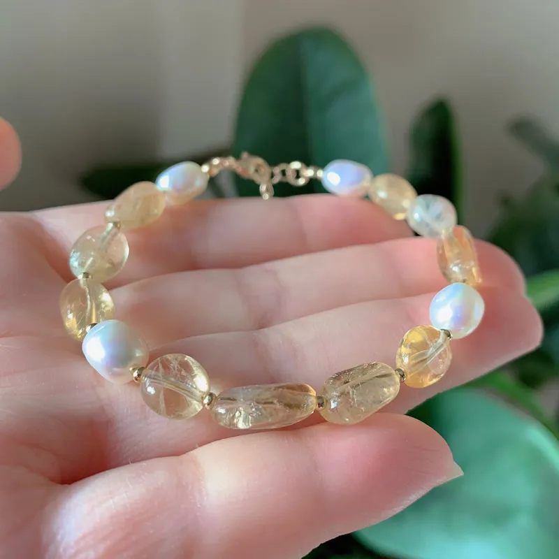 Rock Crystal Mineral Stone Strand Bracelet Baroque Freshwater Pearl Charm Natural Citrines Yellow Quartz Bracelet for Women Girl