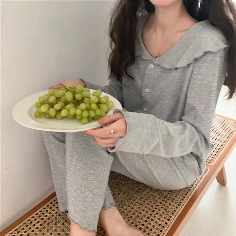 Pajama Sets Women Elegant Ins Stylish Home Wear Lounge Chic Simple Sleepwear Solid Comfortable Pj 2 Pieces Set Nighty Gray Sweet