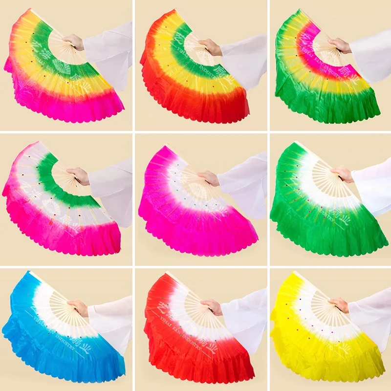 1pair 36cm(14.1) Colorful Belly Dance Bamboo Fan Veils for Dancer Chinese Folk Art Short Fans (1L+1R)  Gradient color