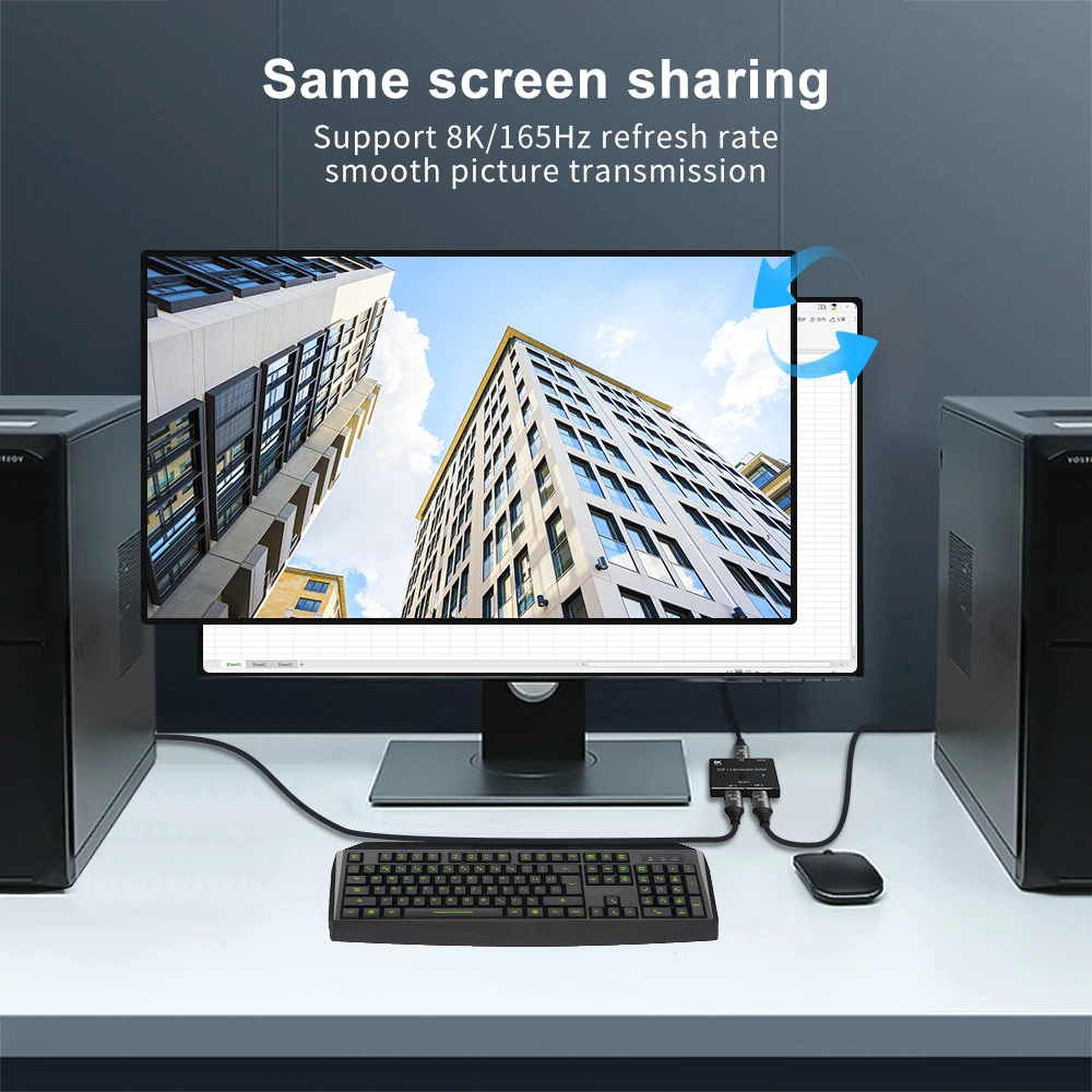 DP Dua Arah Beralih 2 Dalam 1 Keluar 1 Dalam 2 DP 1.4 Pemisah Dua Arah Satu Tombol Saklar Pasang dan Mainkan untuk Berbagi Monitor Layar Yang Sama