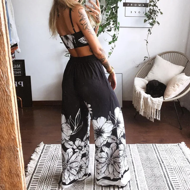 Two-Piece Suit Summer Women Boho Beach Style Print Underwear Loose Wide Leg Pants 2pcs Outfits Tracksuit Sets 2021