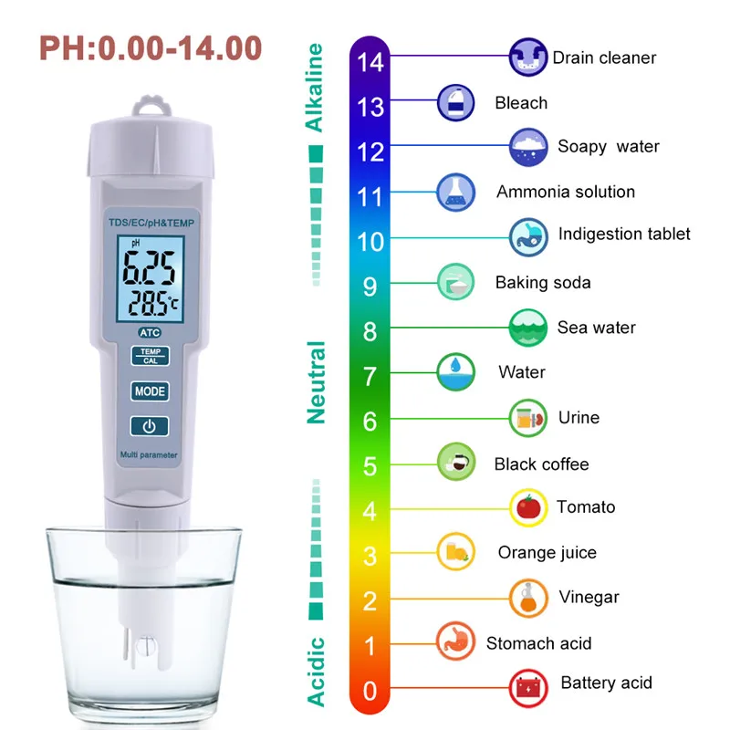 4 in 1 PH/TDS/EC/Temperature Meter PH Meter Digital Water Quality Monitor Tester for Pools, Drinking Water, Aquariums