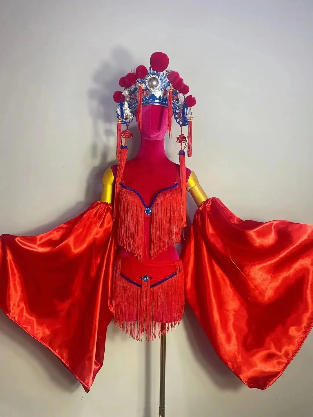 Sexy bikini Peking Opera Headwear full set Red chinese folk dance costume stage show wear