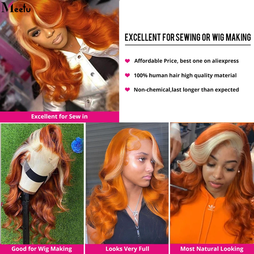 Meetu 613 Bundles with Closure Body Wave Ginger Human Hair Bundles with Closure Blonde 4x4 Inch Ombre Bundles with Closure