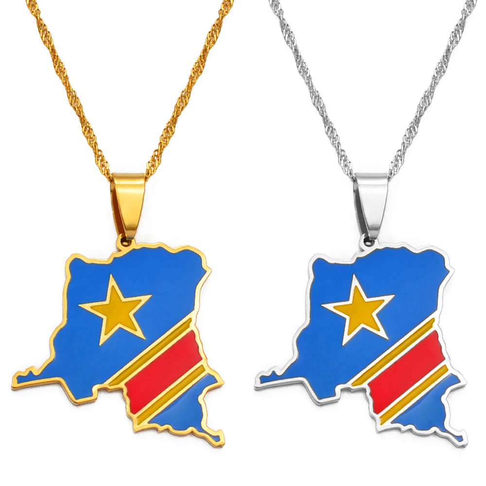 Anniyo Democratic Republic of the Congo Map Colored Flag Pendant DRC Kinshasa Necklace Ethnic Jewelry @200621