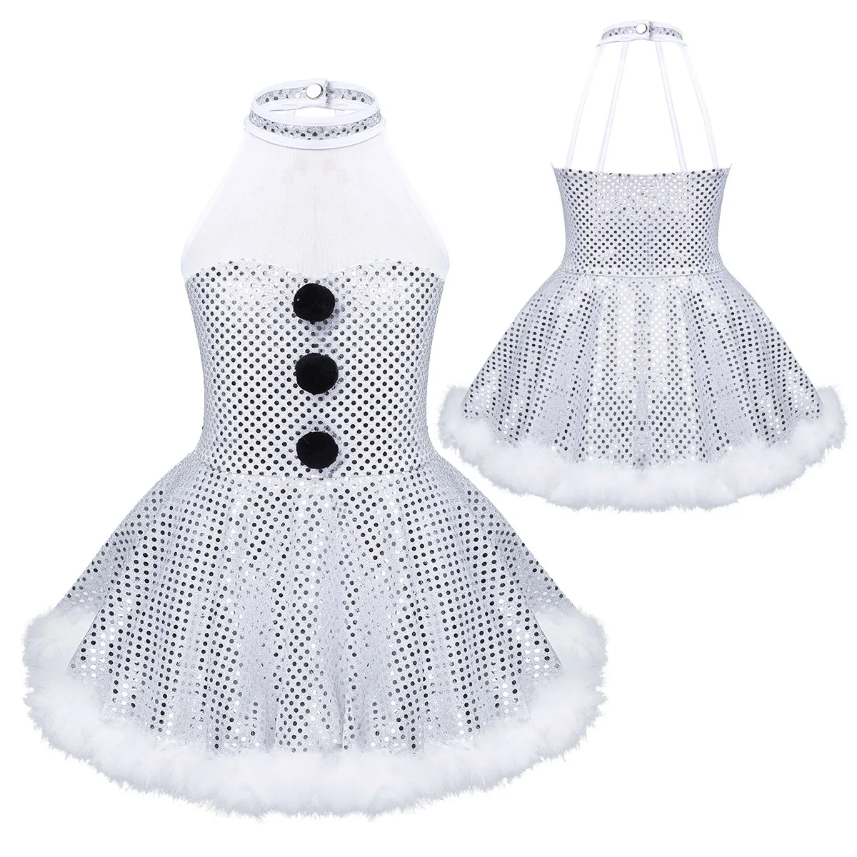 Costume de bonhomme de neige de Noël pour enfants, vêtements de danse en fibre brillante, patinage sur glace, patinage à roulettes, robe virevoltante pour filles