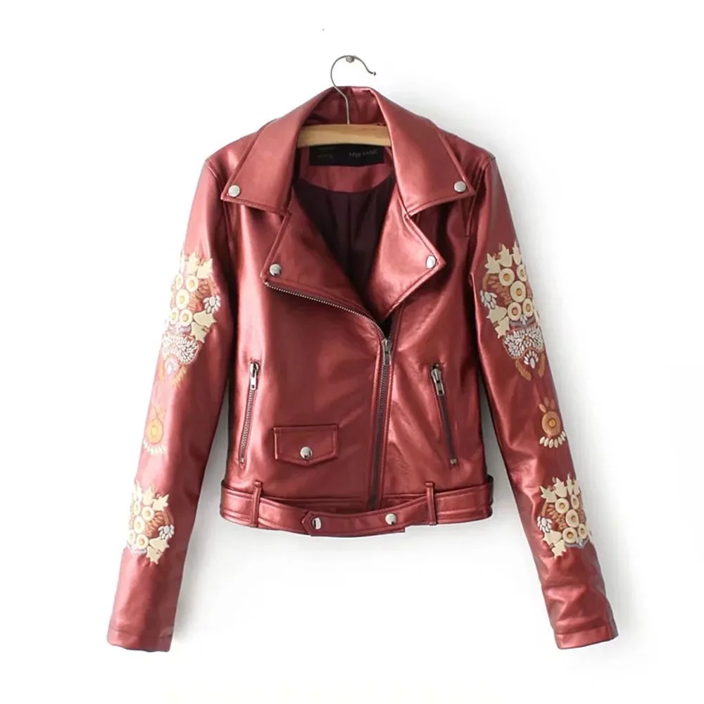 Embroidery faux leather PU Jacket Women Spring Autumn Fashion Motorcycle Jacket Black faux leather coats Outerwear 2019 Coat HOT