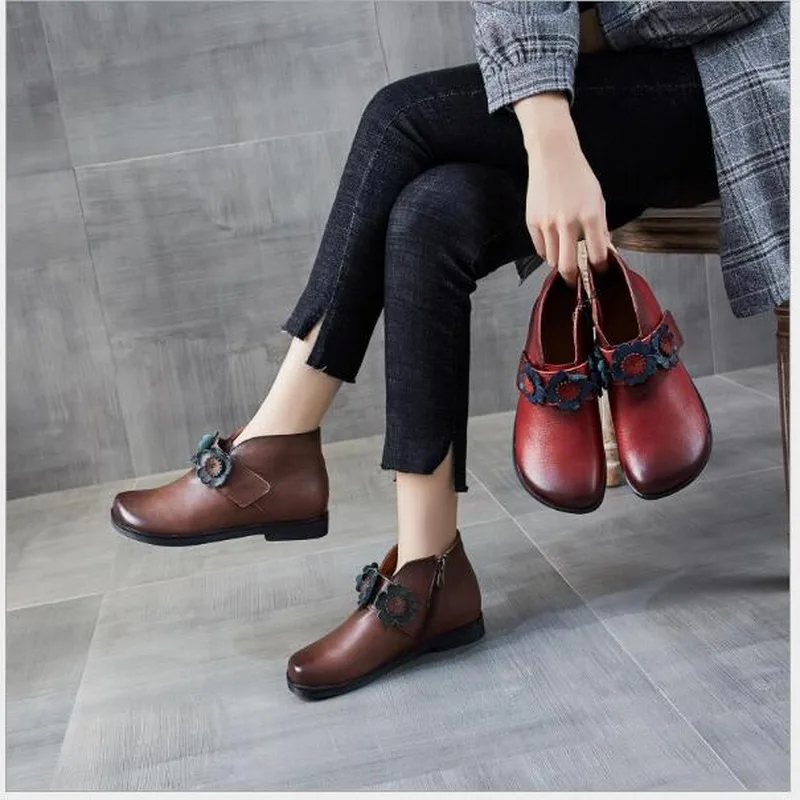 Ethnic Retro Casual Ankle Boots Genuine Leather Handmade Lady Boots Autumn Fashion Women's Boots Cowhide Chelsea Ladies Shoes