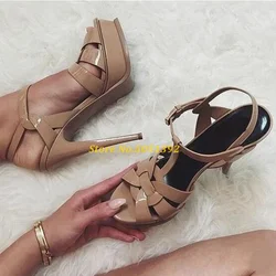 Candy Color Nude Black Patent Leather Cross Strappy Sandal Platform T-Bar Shoes High Stiletto Heels Ladies Dress Shoes Bride