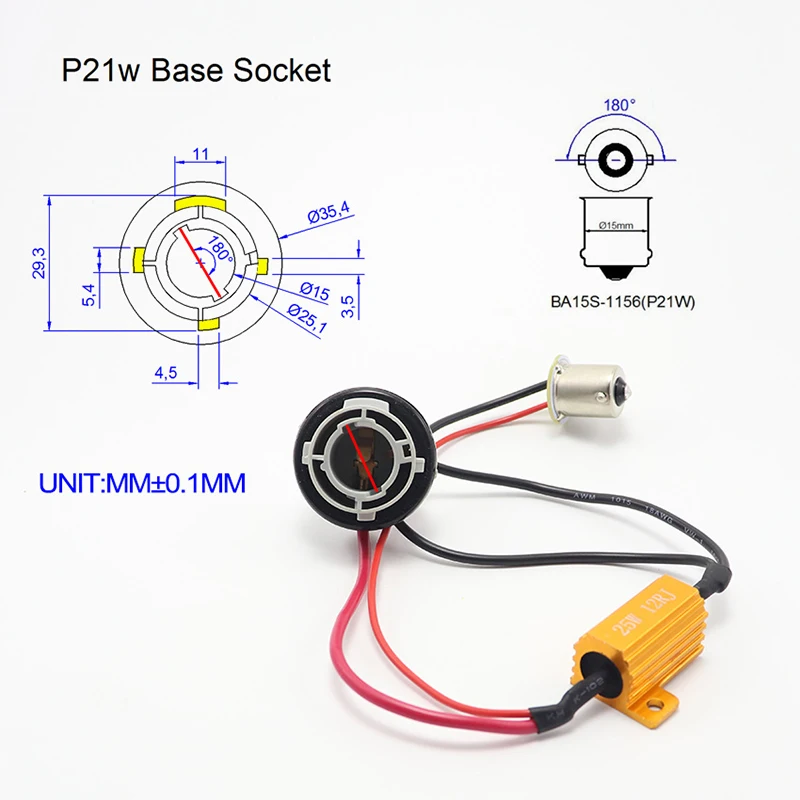 2 uds casquillo de bombilla automática 1156 BA15S BAU15S P21w Led Canbus Py21w cancelador de coche decodificador resistencia de carga 12V 25W sin parpadeo