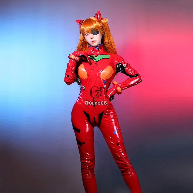 ROLECOS Anime Cosplay Costume Asuka Cosplay Costume Sexy Jumpsuit Women Red Bodysuit Halloween Headwear