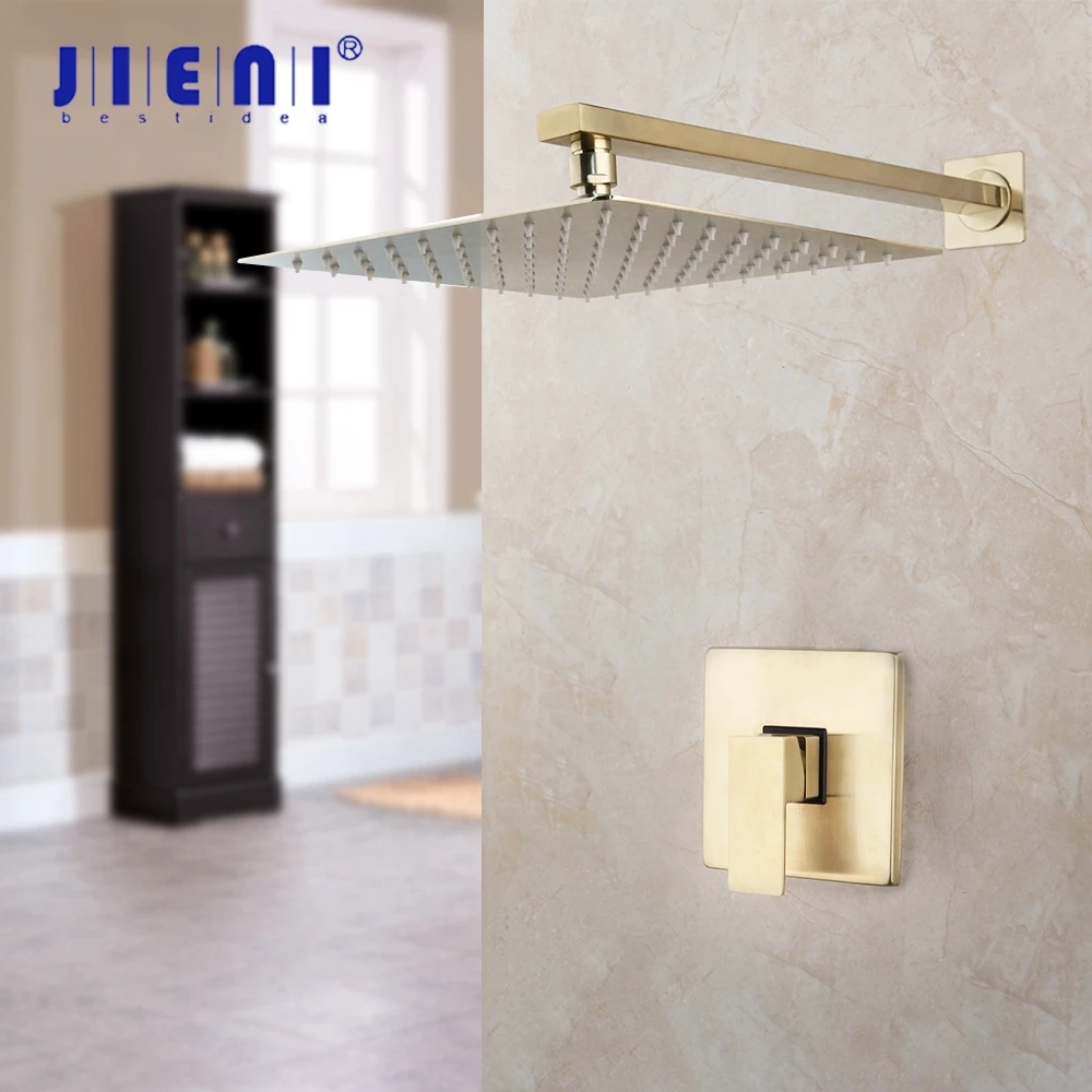 JIENI Luxury Brushed Gold 10 Inch Wall Mount Rainfall Bathroom Shower Set Solid Brass Ultrl-thin Square Shower Head Hand Faucet