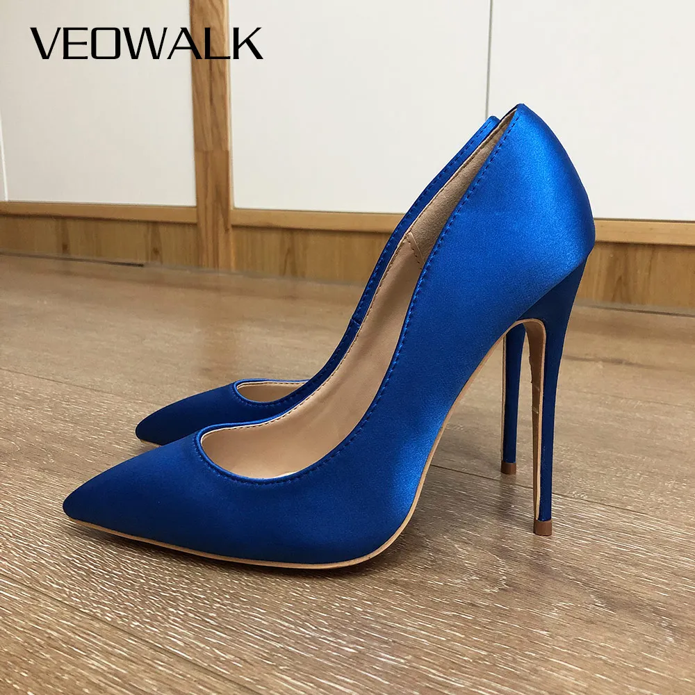 Veowalk Royal Blue Women Silk Satin Stilettos High Heels Elegant Ladies Fashion Pointed Toe Slip-on Pumps Party Dress Shoes