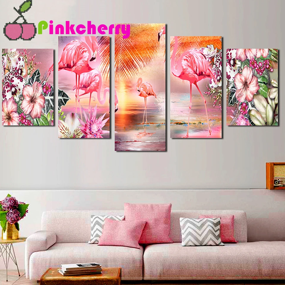 

5d Diy Diamond Painting 5Pcs Flamingo Flower Full Sqaure Round Drill Cross Stitch Embroidery Rhinestone Mosaic Home Decor E56