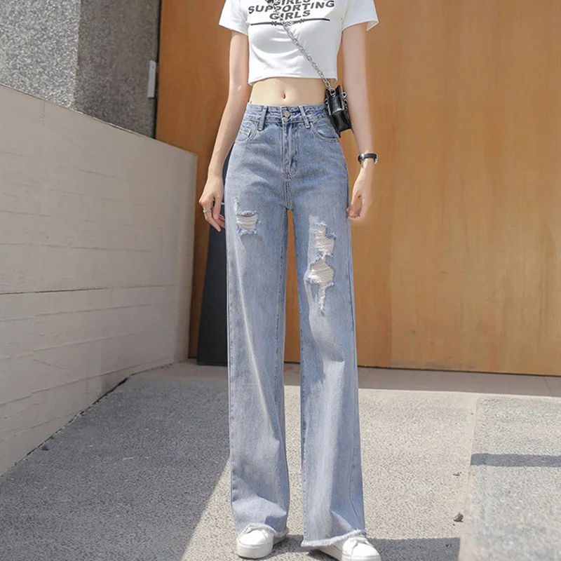 

Women Vintage Ripped Jeans Boyfriend Baggy Denim Trousers Casual Korean Fashion High Waist Wide Leg Jeans Streetwear Pants