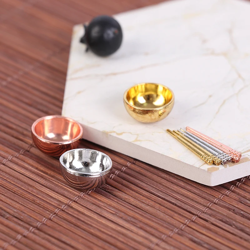 1 Set Dollhouse Miniature Accessories Mini Metal Bowl Chopsticks Set Simulation Kitchen Tableware Model Toys