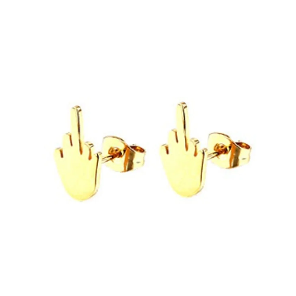 2Pcs Stainless Steel Black Middle Finger Up Women Men Ear Jewelry Studs Earring Punk Cool Gold Silver Plated