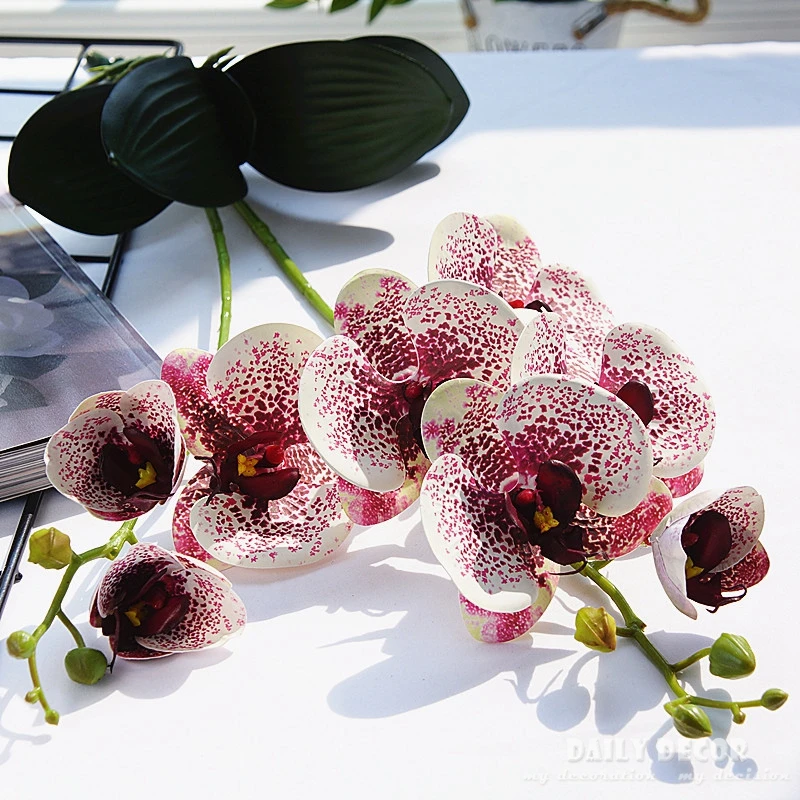 

High simulation 3D Real touch 2 forks artificial butterfly orchids with leaves wholesale wedding decorative Phalaenopsis flowers