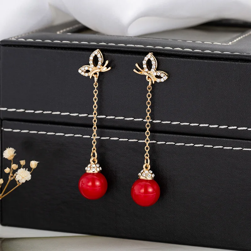 New S925 Silver Needle Creative Trendy Long Advanced Face Thin Butterfly Imitation Pearl Earrings Student Gift Jewelry Brincos