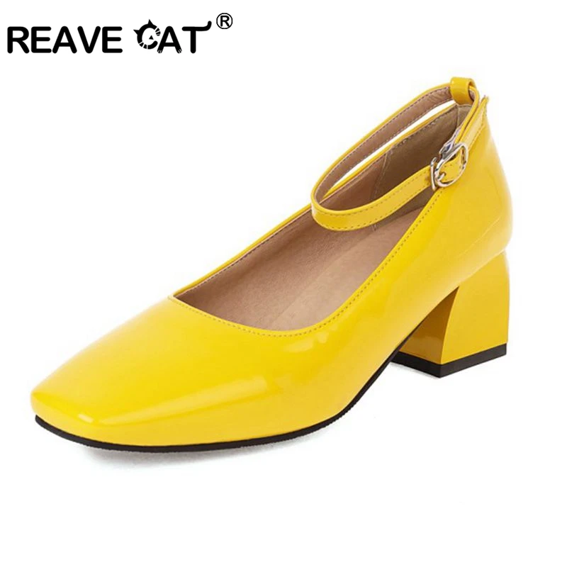 REAVE CAT Ankle Strap Shoes Square Toe Med Heel Patent Leather Office Lady Daily Party Pumps Many Colors Large Size 28-52 B2655