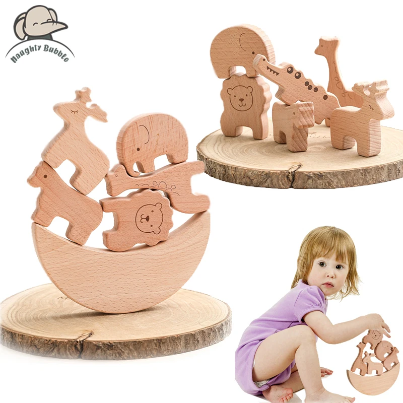 Montessori Baby Wooden Toys Educational Interactive Toys for Kids Animal Stacking Toy Wood Stacked Building Blocks Newborn Gifts