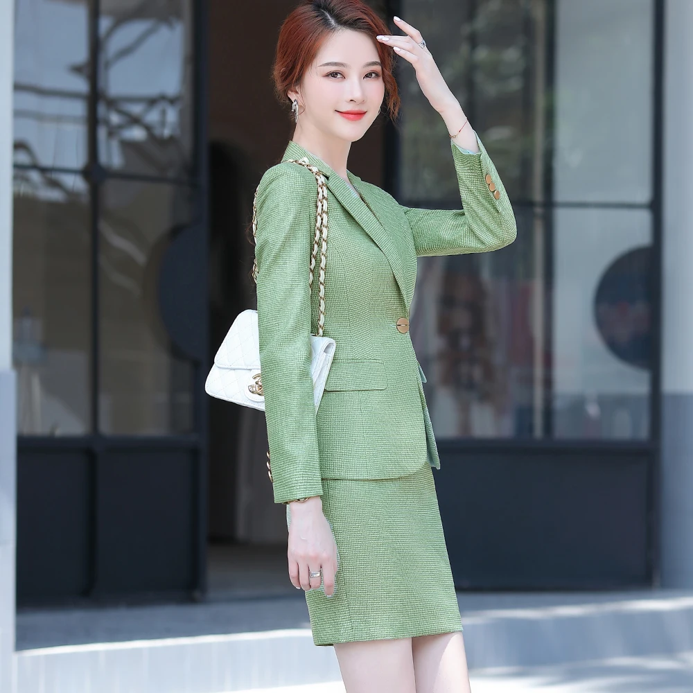 2020 Elegant Skirt Suits Women Ladies New Formal Pink Apricot Blue Green Long Sleeve Plaid Blazer Two Piece Set
