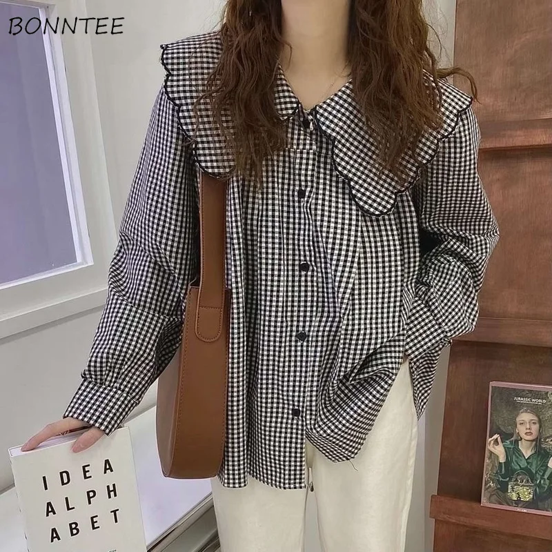 Spring Shirt Womens Lovely Elegant Soft Student Simple Plaid All-match Chic Tops Peter-pan-collar Fashion Vintage New Clothing