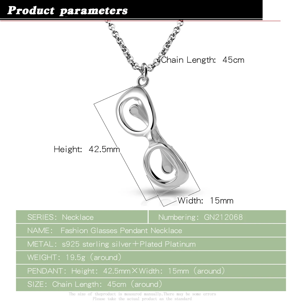 2020 new women's 925 silver necklace-creative glasses pendant solid silver charm necklace box chain 45-70cm length jewelry gift