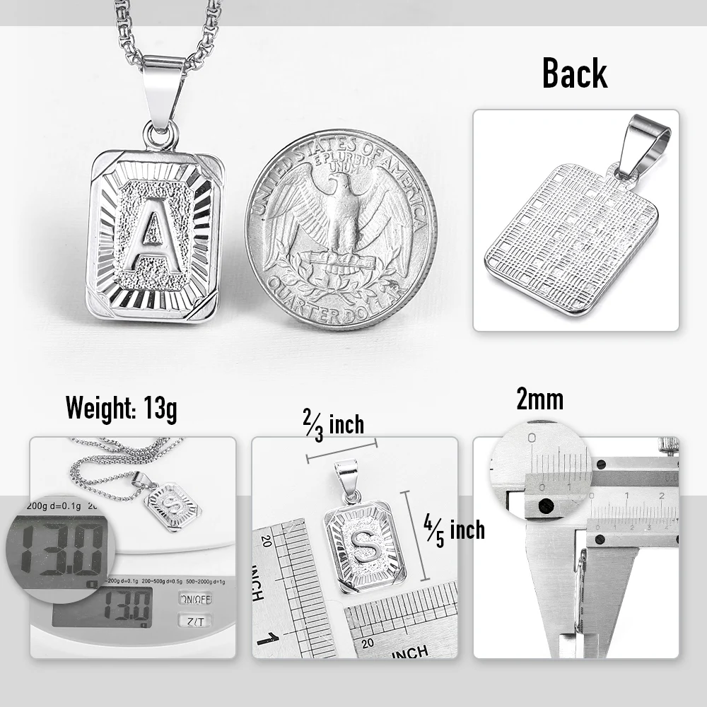 Silver Color Square Initial Letter ABC Pendant Necklace for Men Women Stainless Steel Curb Cuban Chain Name Pendant 5mm GPM11B