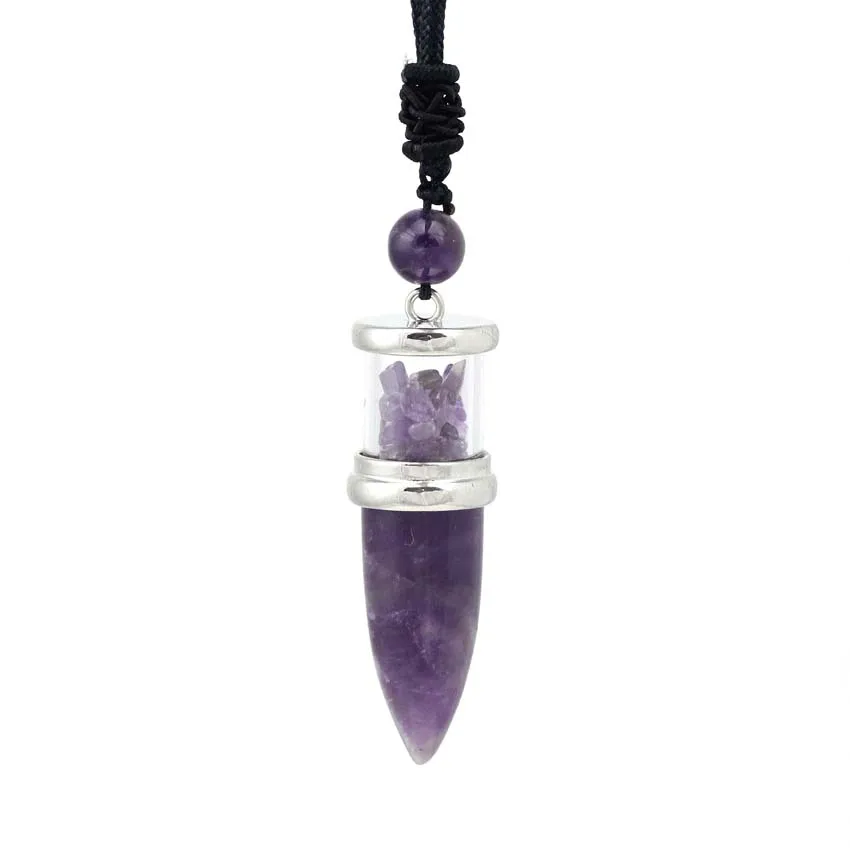 Natural Healing Crystal Quartz Reiki Necklace Amethyst Stone Bullet Shape Wishing Bottle Stone Pendant Pendulum Women Men